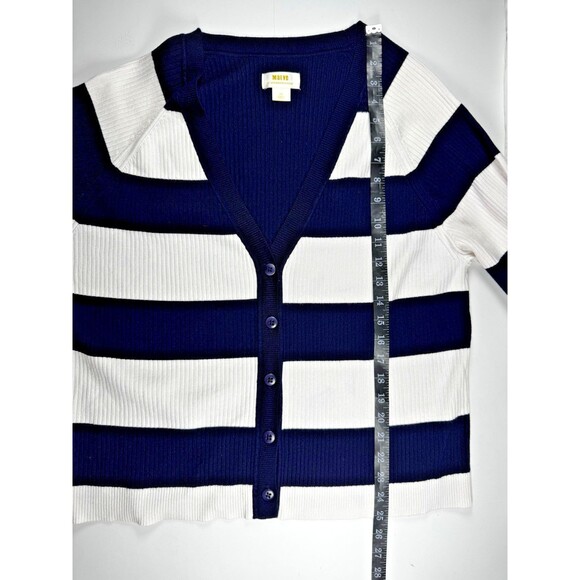 Anthropologie Maeve 3X Ribbed Stripe Cardigan Sweater Navy White Button Front - Picture 9 of 11